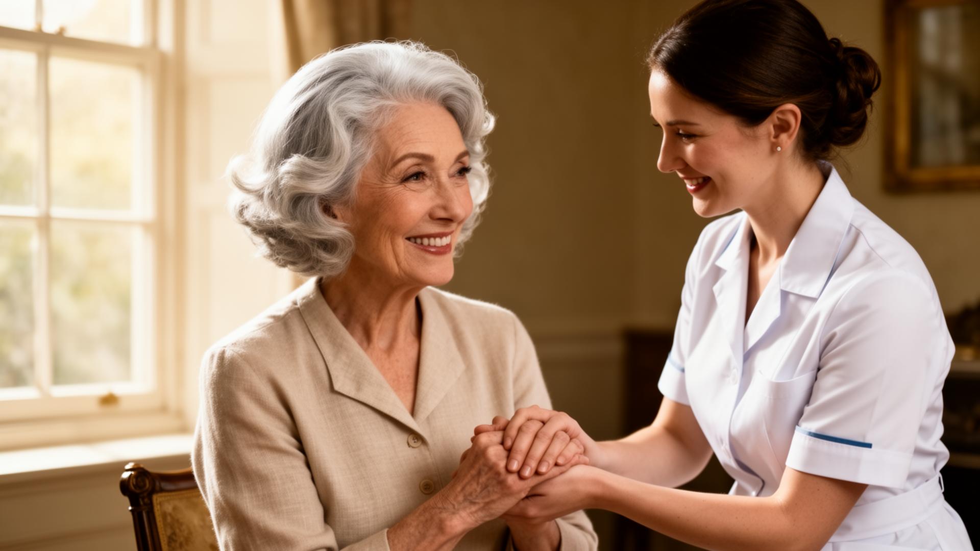 Cuidadora segurando a mão de uma senhora com sorriso acolhedor